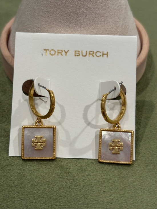 Tory Burch Jewelry - Tory Burch Gold Hoops with Pink Mother-of-Pearl Square Drops